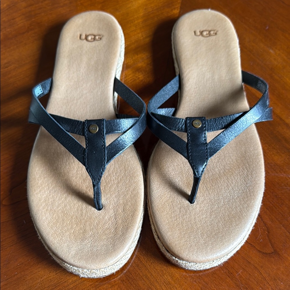 UGG Women's Black and Tan Sandals with jute edging